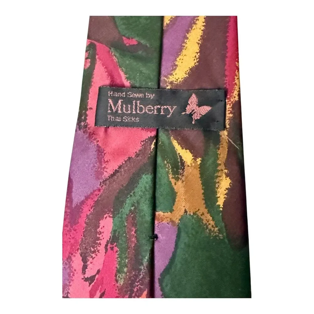Vintage Mulberry Thai 100% Silk Wide Tie Abstract‎ Floral Hand Sewn USA Made 4